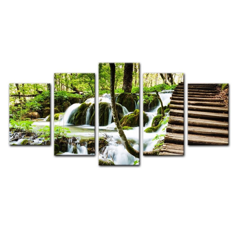 Bilderdepot24 Leinwandbild Holzbrücke über einem Wasserfall, Landschaften von Bilderdepot24