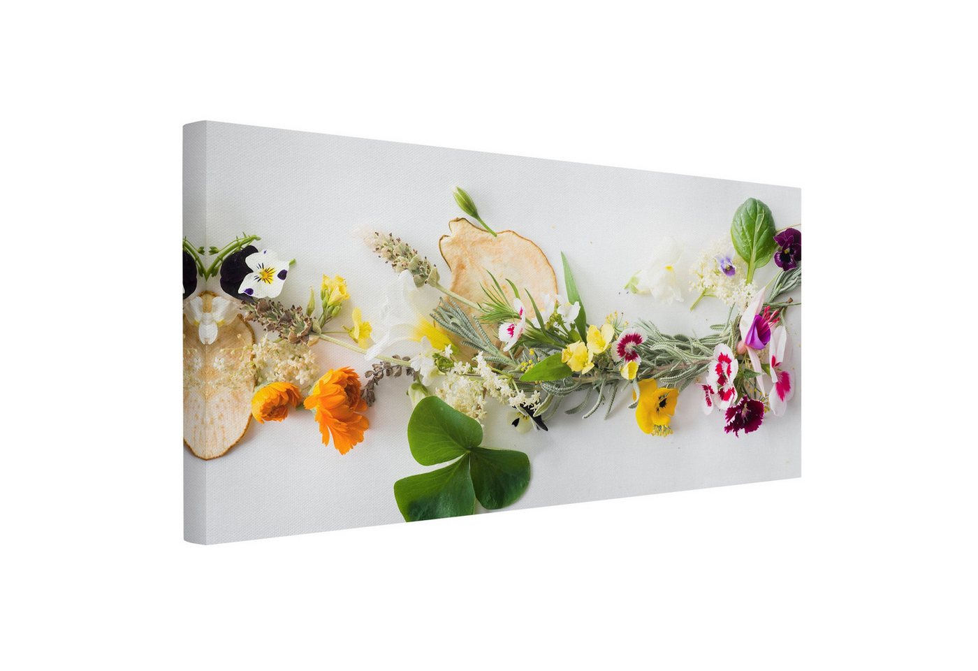 Bilderdepot24 Leinwandbild Küchenbild Modern Frische Kräuter Essblüten bunt Leinwanddruck XXL, Bild auf Leinwand, Leinwanddruck in vielen Größen von Bilderdepot24