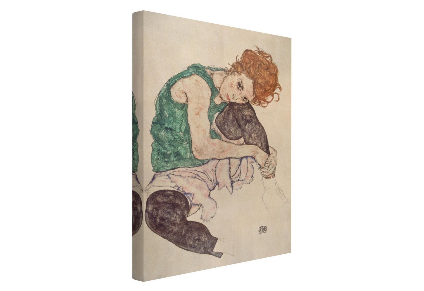 Bilderdepot24 Leinwandbild Kunstdruck Egon Schiele Sitzende Frau grün Bild auf Leinwand Groß XXL, Bild auf Leinwand, Leinwanddruck in vielen Größen von Bilderdepot24