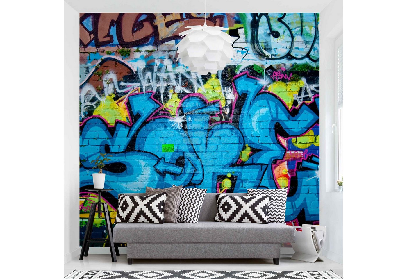 Bilderdepot24 Mustertapete Graffiti Optik Graffitiwand Backstein Ziegel Modern Street Art, Glatt, Matt, (Inklusive Gratis-Kleister oder selbstklebend), Jugendzimmer Flur Büro Wohnzimmer Fototapete Vliestapete Wandtapete von Bilderdepot24