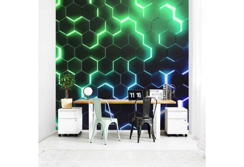 Bilderdepot24 Mustertapete Hexagone Neonlicht Grün 3D-Optik Muster Neon Art Gaming schwarz modern, Glatt, Matt, (Vliestapete inkl. Kleister oder selbstklebend), Jugendzimmer Gaming Zimmer Tapete Wohnzimmer Vliestapete Wandtapete von Bilderdepot24