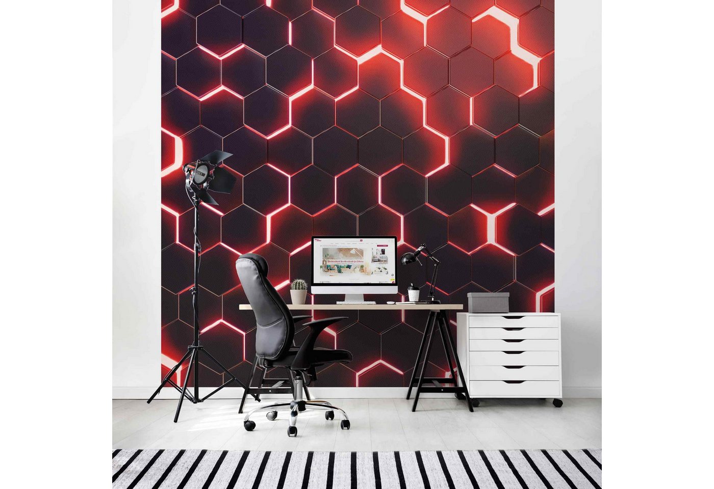 Bilderdepot24 Mustertapete Hexagone Neonlicht Rot 3D-Optik Muster Neon Art Gaming schwarz modern, Glatt, Matt, (Inklusive Gratis-Kleister oder selbstklebend), Jugendzimmer Gaming Zimmer Tapete Wohnzimmer Vliestapete Wandtapete von Bilderdepot24