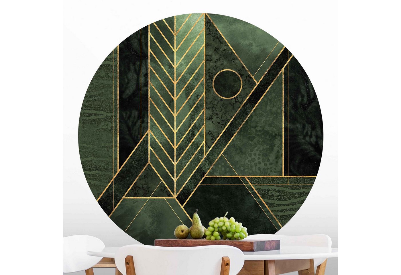 Bilderdepot24 Fototapete rund Geometrische Formen Smaragd Gold, Glatt, Matt, (Vliestapete selbstklebend), Wohnzimmer Schlafzimmer Küche gemusterte Wandtattoo Klebe Wandtapete von Bilderdepot24