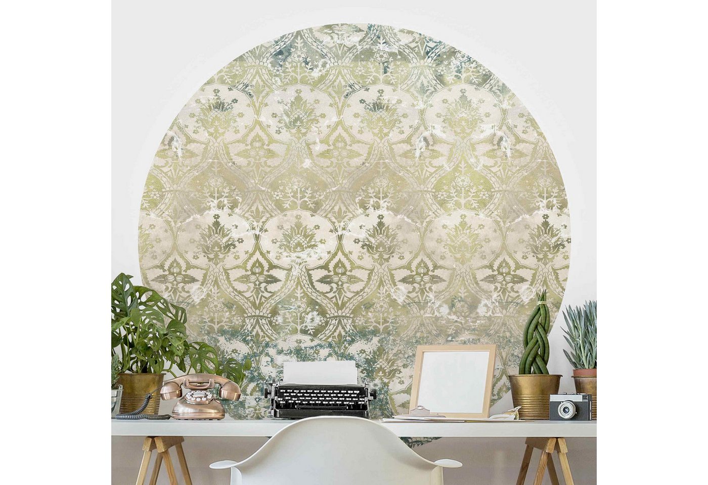 Bilderdepot24 Mustertapete rund Smaragdfarbener Barocktraum, Glatt, Matt, (Vliestapete selbstklebend), Wohnzimmer Schlafzimmer Küche gemusterte Wandtattoo Klebe Wandtapete von Bilderdepot24