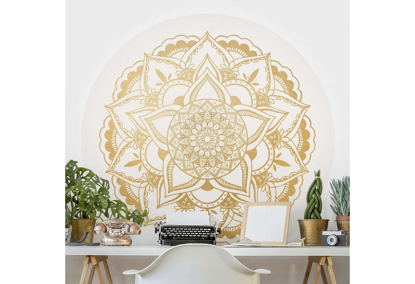 Bilderdepot24 Fototapete rund Spirituell Mandala Blume gold weiß Floral Muster, Glatt, Matt, (Vliestapete selbstklebend), Wohnzimmer Schlafzimmer Küche gemusterte Wandtattoo Klebe Wandtapete von Bilderdepot24