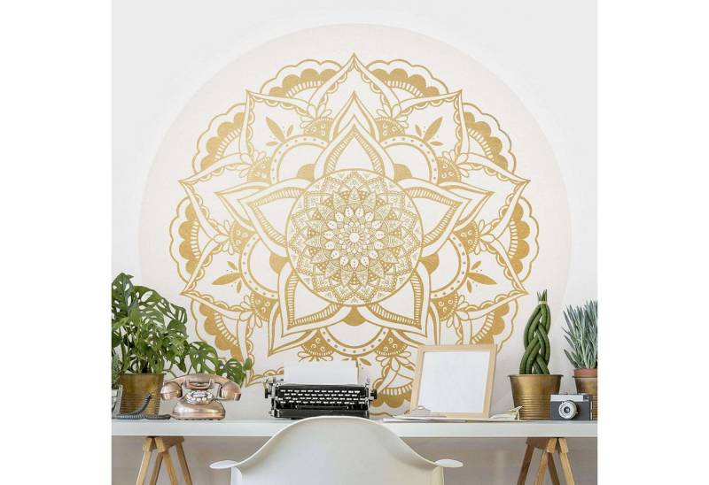 Bilderdepot24 Fototapete rund Spirituell Mandala Blume gold weiß Floral Muster, Glatt, Matt, (Vliestapete selbstklebend), Wohnzimmer Schlafzimmer Küche gemusterte Wandtattoo Klebe Wandtapete von Bilderdepot24