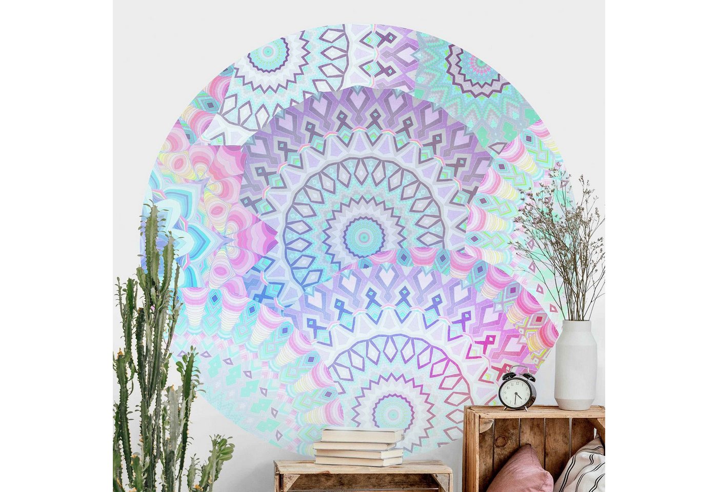 Bilderdepot24 Fototapete rund Spirituell Mandalas Bunt Muster Orientalisch Boho, Glatt, Matt, (Vliestapete selbstklebend), Wohnzimmer Schlafzimmer Küche Wandtattoo Motivtapete Klebe Wandtapete von Bilderdepot24
