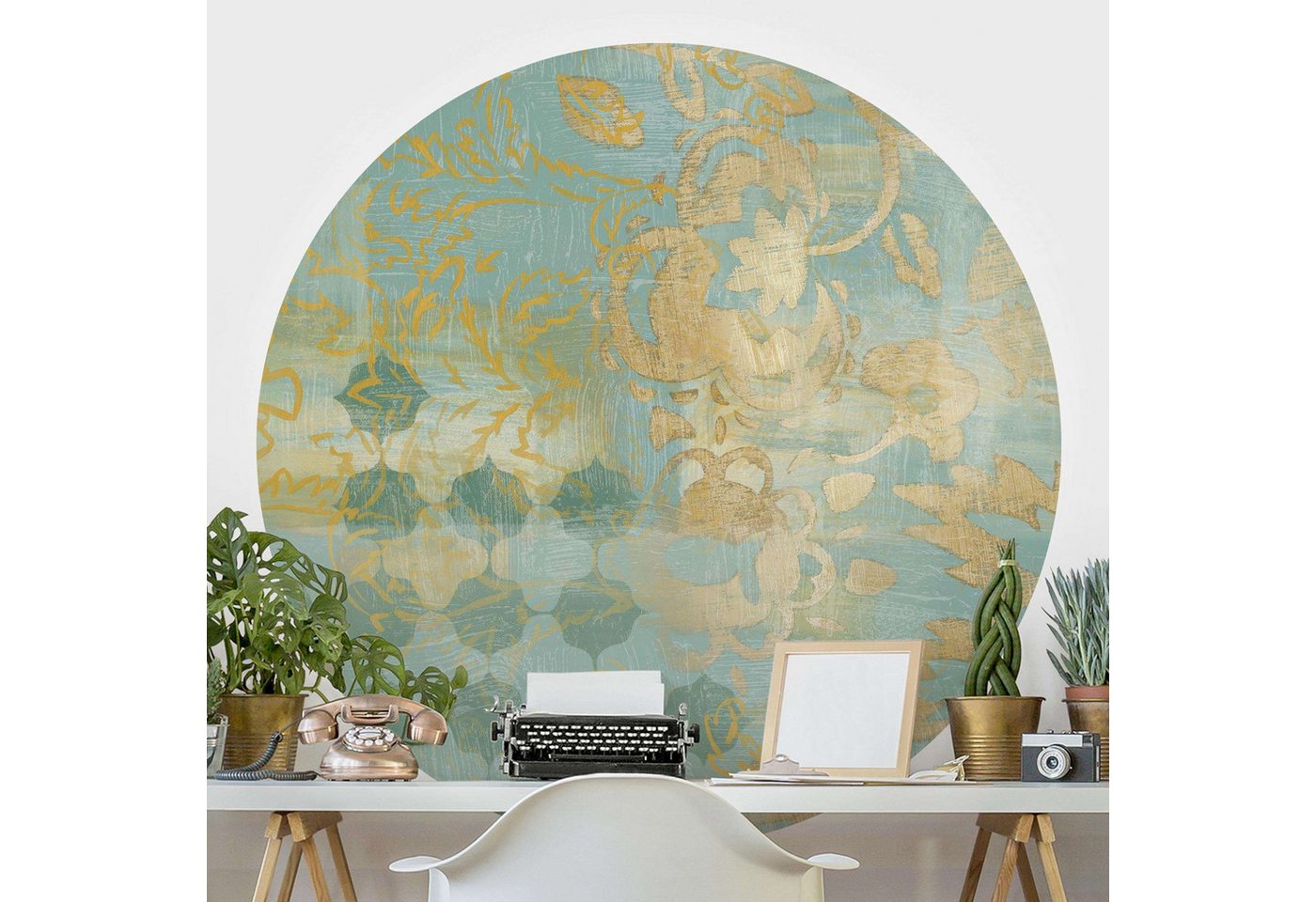 Bilderdepot24 Fototapete rund Vintage Marokkanisch Gold Türkis Orientalisch Floral, Glatt, Matt, (Vliestapete selbstklebend), Wohnzimmer Schlafzimmer Küche Wandtattoo Motivtapete Klebe Wandtapete von Bilderdepot24