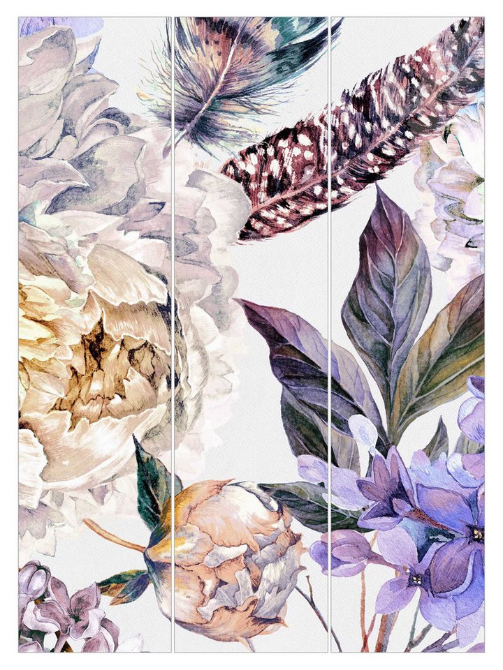 Bilderdepot24 Schiebegardine Flächenvorhang blickdicht Aquarell Boho Federn Muster, (3 St), halbtransparent, Wohnzimmer große Flächengardine lichtdurchlässig für Klemm-System von Bilderdepot24