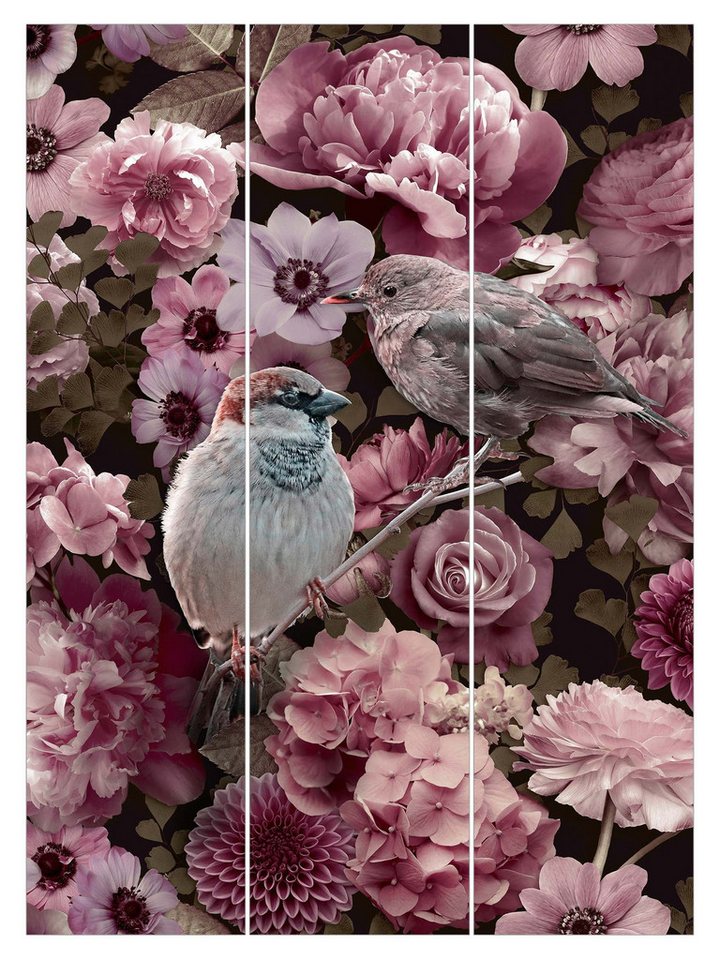 Bilderdepot24 Schiebegardine Flächenvorhang blickdicht Blumenparadies Spatze Altrosa, (3 St), halbtransparent, Wohnzimmer große Flächengardine lichtdurchlässig für Klemm-System von Bilderdepot24