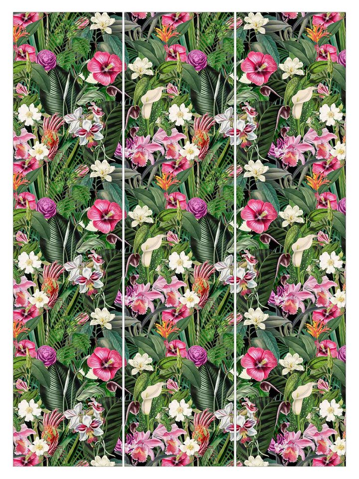 Bilderdepot24 Schiebegardine Flächenvorhang blickdicht Bunte tropische Blumen, (3 St), halbtransparent, Wohnzimmer große Flächengardine lichtdurchlässig für Klemm-System von Bilderdepot24