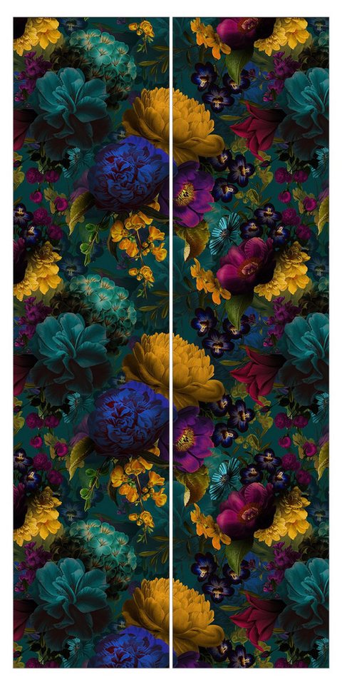 Bilderdepot24 Schiebegardine Flächenvorhang blickdicht Gelbe Blüten Blaue Blumen, (2 St), halbtransparent, Wohnzimmer große Flächengardine lichtdurchlässig für Klemm-System von Bilderdepot24