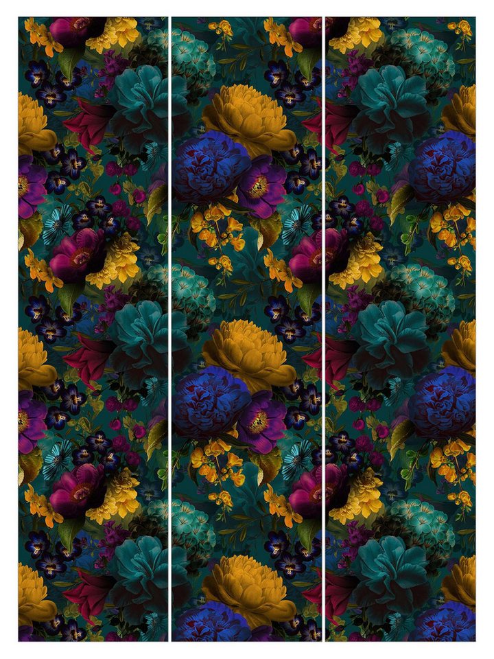Bilderdepot24 Schiebegardine Flächenvorhang blickdicht Gelbe Blüten Blaue Blumen, (3 St), halbtransparent, Wohnzimmer große Flächengardine lichtdurchlässig als Klemm-System von Bilderdepot24