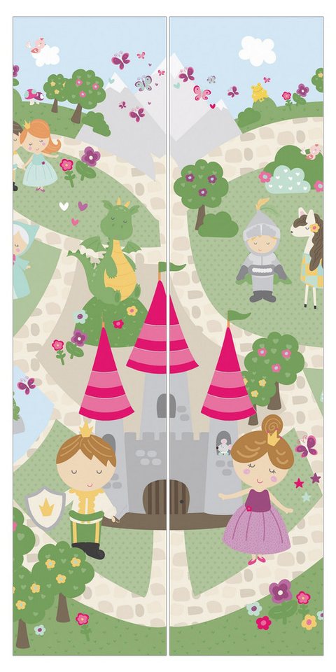 Bilderdepot24 Schiebegardine Flächenvorhang blickdicht Märchenland Weg zum Schloss (2 St), halbtransparent, Wohnzimmer große Flächengardine lichtdurchlässig als Klett-System von Bilderdepot24