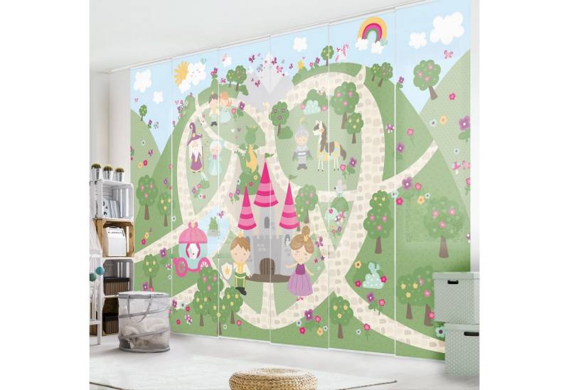 Bilderdepot24 Schiebegardine Flächenvorhang blickdicht Märchenland Weg zum Schloss, (5 St), halbtransparent, Wohnzimmer große Flächengardine lichtdurchlässig für Klemm-System von Bilderdepot24