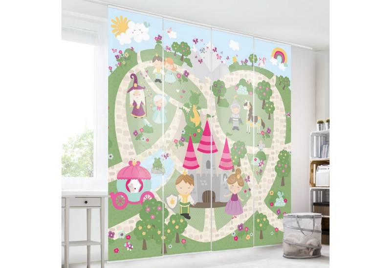 Bilderdepot24 Schiebegardine Flächenvorhang blickdicht Märchenland Weg zum Schloss, (6 St), halbtransparent, Wohnzimmer große Flächengardine lichtdurchlässig als Klemm-System von Bilderdepot24