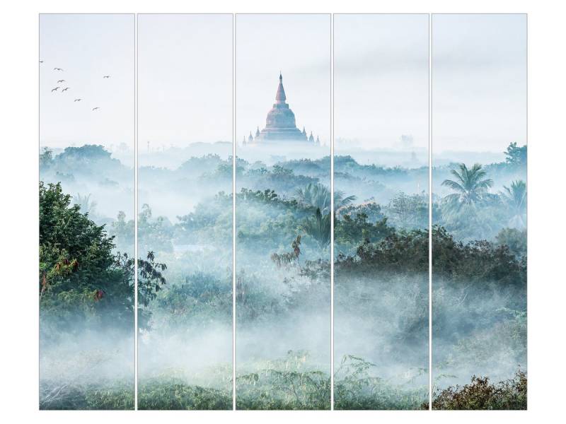Bilderdepot24 Schiebegardine Flächenvorhang blickdicht Morgennebel Dschungel Bagan (5 St), halbtransparent, Wohnzimmer große Flächengardine lichtdurchlässig als Klett-System von Bilderdepot24