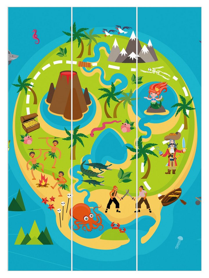 Bilderdepot24 Schiebegardine Flächenvorhang blickdicht Pirateninsel (3 St), halbtransparent, Wohnzimmer große Flächengardine lichtdurchlässig als Klett-System von Bilderdepot24