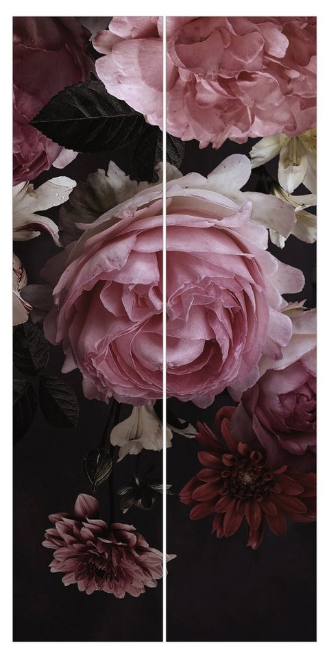 Bilderdepot24 Schiebegardine Flächenvorhang blickdicht Rosa Blumen Schwarz Vintage, (2 St), halbtransparent, Wohnzimmer große Flächengardine lichtdurchlässig für Klemm-System von Bilderdepot24