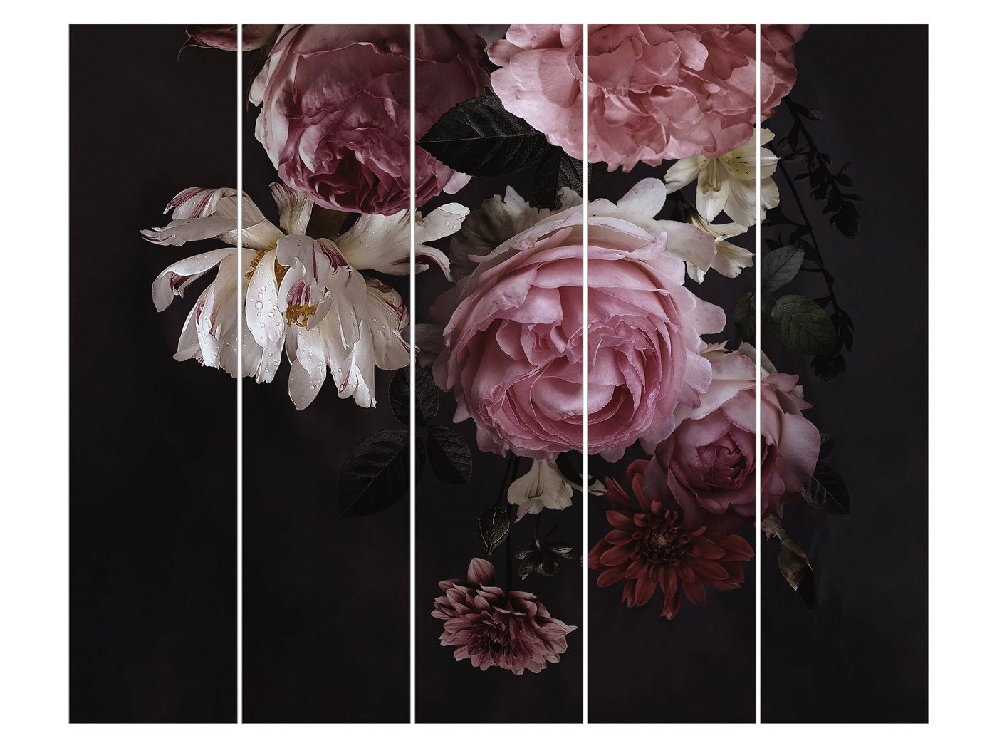 Bilderdepot24 Schiebegardine Flächenvorhang blickdicht Rosa Blumen Schwarz Vintage, (5 St), halbtransparent, Wohnzimmer große Flächengardine lichtdurchlässig für Klemm-System von Bilderdepot24