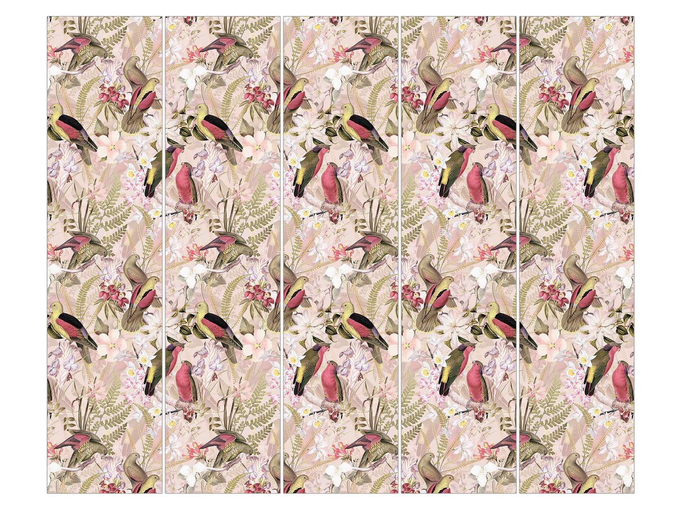 Bilderdepot24 Schiebegardine Flächenvorhang blickdicht Rosa Pastell Vögel Blumen, (5 St), halbtransparent, Wohnzimmer große Flächengardine lichtdurchlässig für Klemm-System von Bilderdepot24