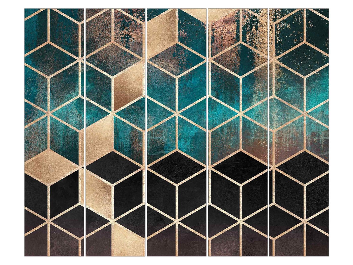 Bilderdepot24 Schiebegardine Flächenvorhang blickdicht Türkis Rosé goldene Geometrie, (5 St), halbtransparent, Wohnzimmer große Flächengardine lichtdurchlässig für Klemm-System von Bilderdepot24
