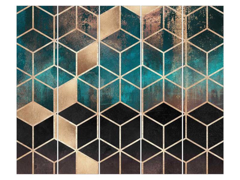 Bilderdepot24 Schiebegardine Flächenvorhang blickdicht Türkis Rosé goldene Geometrie, (5 St), halbtransparent, Wohnzimmer große Flächengardine lichtdurchlässig für Klemm-System von Bilderdepot24