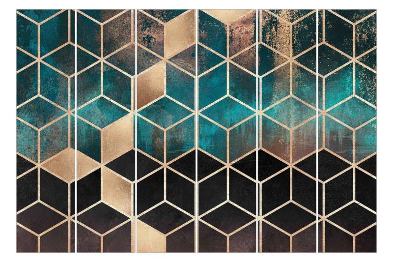 Bilderdepot24 Schiebegardine Flächenvorhang blickdicht Türkis Rosé goldene Geometrie, (6 St), halbtransparent, Wohnzimmer große Flächengardine lichtdurchlässig als Klemm-System von Bilderdepot24