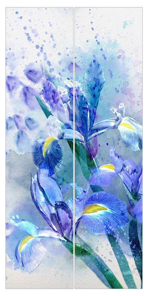 Bilderdepot24 Schiebegardine modern Flächenvorhang blickdicht Aquarell Blumen Iris, (2 St), halbtransparent, Wohnzimmer große Flächengardine lichtdurchlässig für Klemm-System von Bilderdepot24