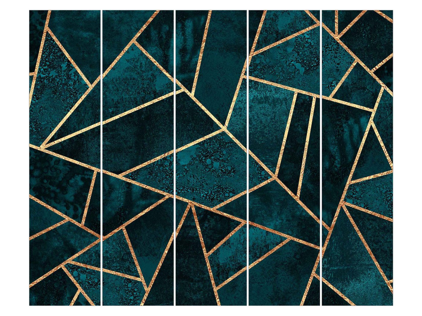 Bilderdepot24 Schiebegardine modern Flächenvorhang blickdicht Dunkles Türkis Gold, (5 St), halbtransparent, Wohnzimmer große Flächengardine lichtdurchlässig als Klemm-System von Bilderdepot24