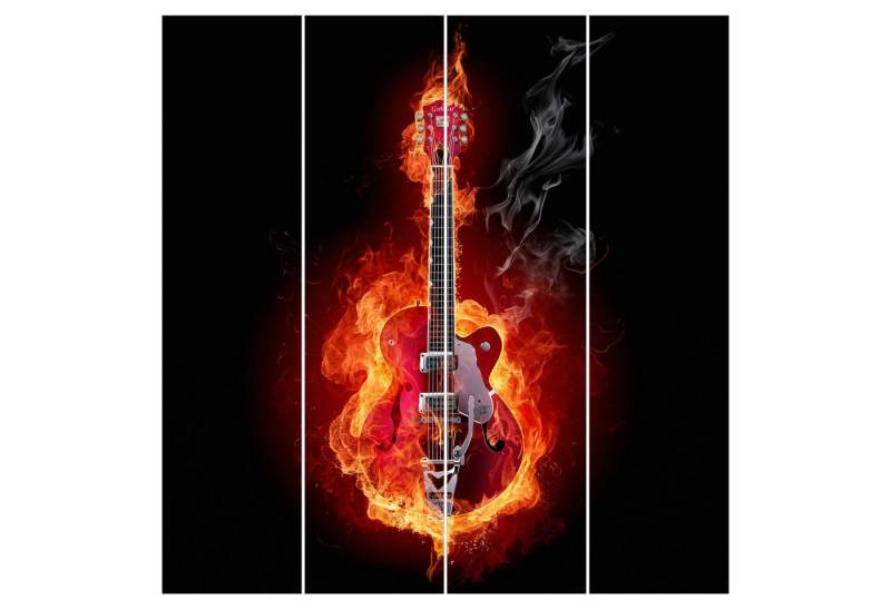 Bilderdepot24 Schiebegardine modern Flächenvorhang blickdicht Gitarre in Flammen (4 St), halbtransparent, Wohnzimmer große Flächengardine lichtdurchlässig als Klett-System von Bilderdepot24