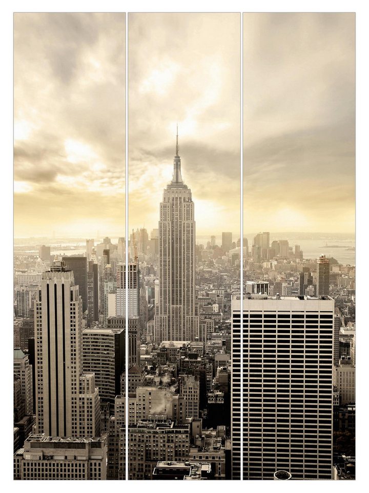 Bilderdepot24 Schiebegardine modern Flächenvorhang blickdicht Manhattan Dawn, (3 St), halbtransparent, Wohnzimmer große Flächengardine lichtdurchlässig als Klemm-System von Bilderdepot24