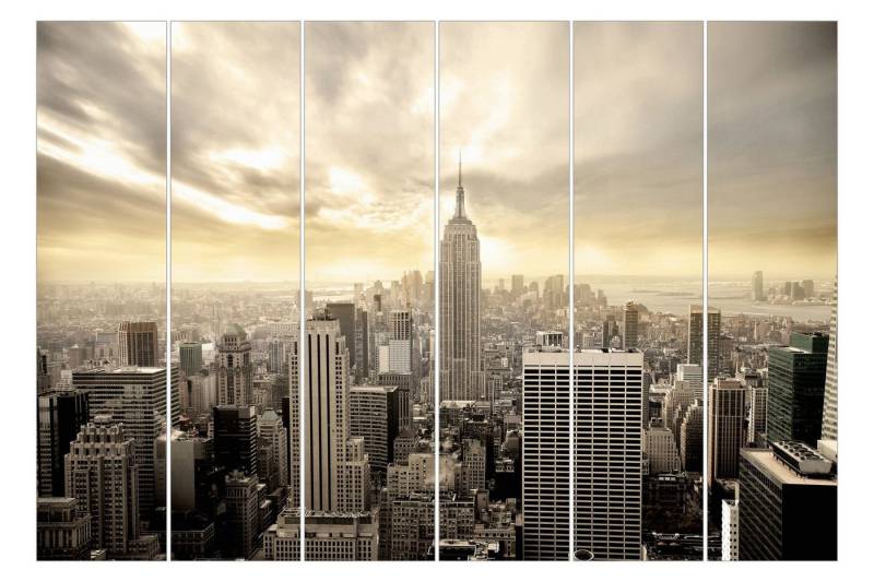 Bilderdepot24 Schiebegardine modern Flächenvorhang blickdicht Manhattan Dawn, (6 St), halbtransparent, Wohnzimmer große Flächengardine lichtdurchlässig als Klemm-System von Bilderdepot24