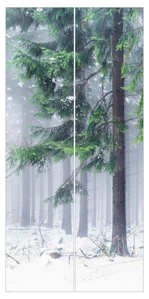 Bilderdepot24 Schiebegardine modern Flächenvorhang blickdicht Nadelbäume im Winter, (2 St), halbtransparent, Wohnzimmer große Flächengardine lichtdurchlässig für Klemm-System von Bilderdepot24