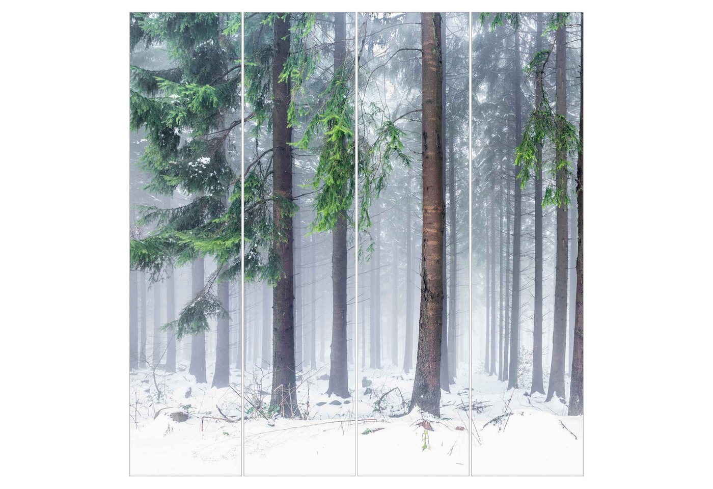 Bilderdepot24 Schiebegardine modern Flächenvorhang blickdicht Nadelbäume im Winter, (4 St), halbtransparent, Wohnzimmer große Flächengardine lichtdurchlässig als Klemm-System von Bilderdepot24