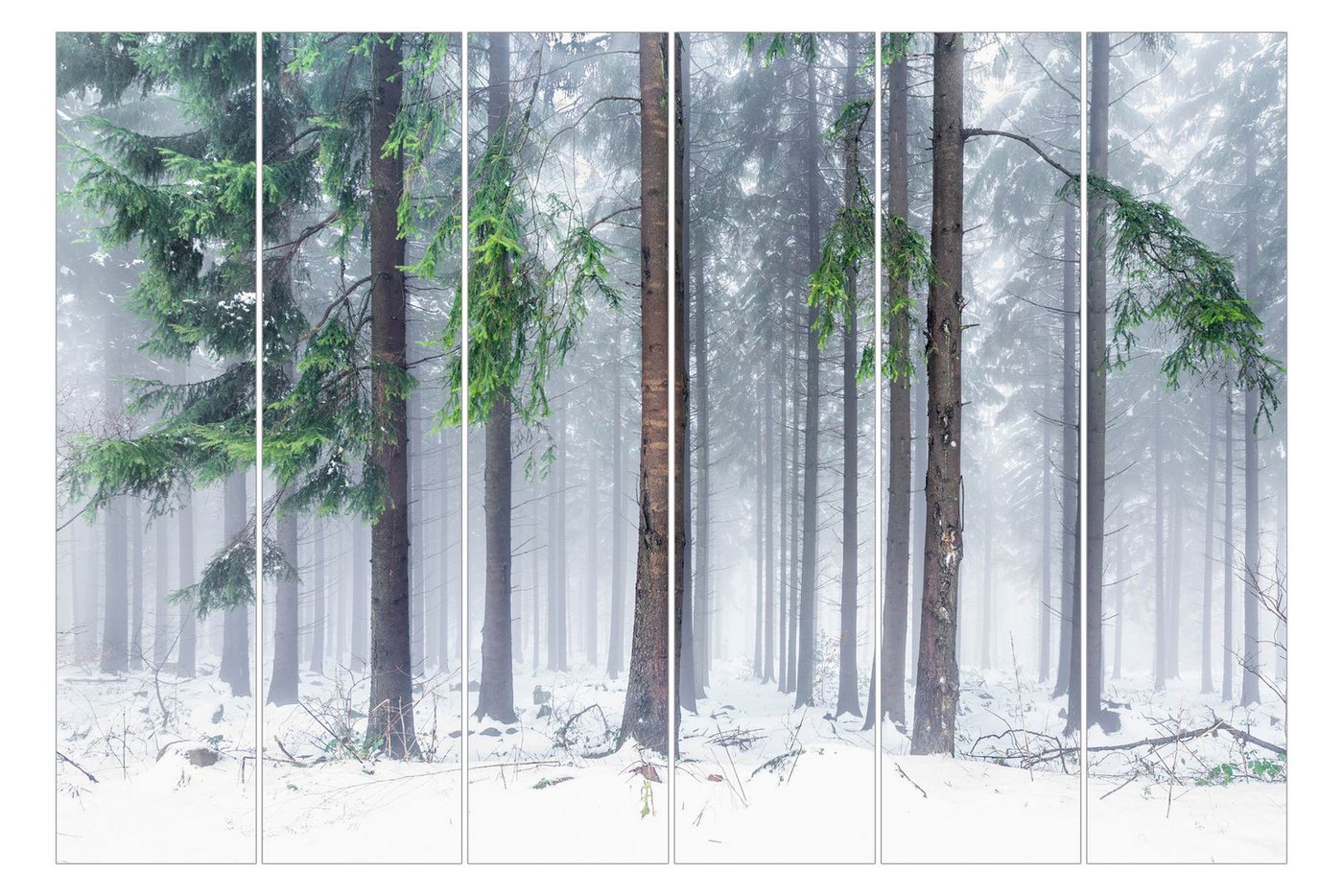 Bilderdepot24 Schiebegardine modern Flächenvorhang blickdicht Nadelbäume im Winter, (6 St), halbtransparent, Wohnzimmer große Flächengardine lichtdurchlässig als Klemm-System von Bilderdepot24