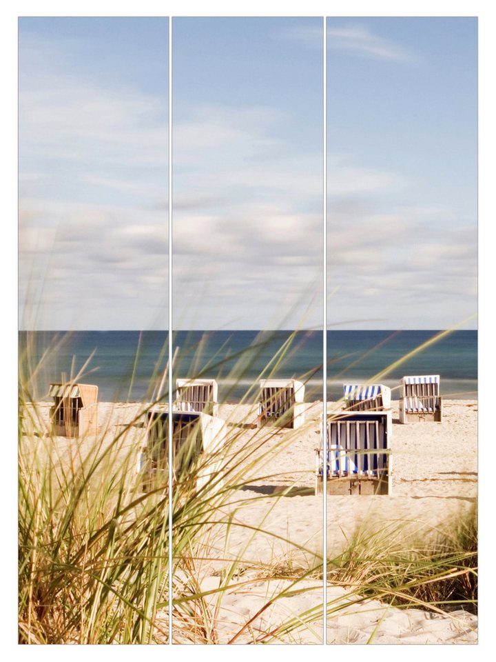 Bilderdepot24 Schiebegardine modern Flächenvorhang blickdicht Ostsee und Strandkörbe, (3 St), halbtransparent, Wohnzimmer große Flächengardine lichtdurchlässig als Klemm-System von Bilderdepot24