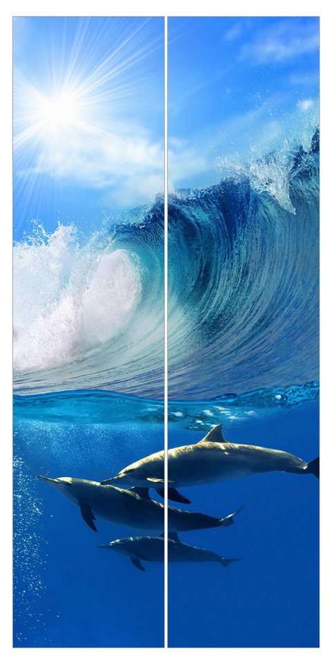 Bilderdepot24 Schiebegardine modern Flächenvorhang blickdicht Playing Dolphins, (2 St), halbtransparent, Wohnzimmer große Flächengardine lichtdurchlässig als Klemm-System von Bilderdepot24