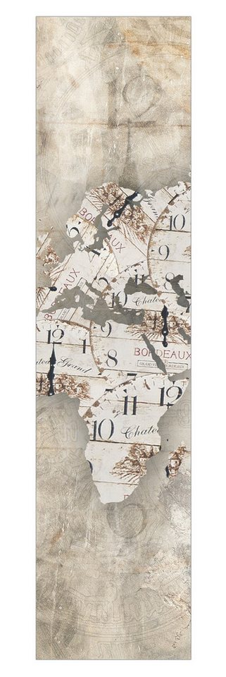 Bilderdepot24 Schiebegardine modern Flächenvorhang blickdicht Shabby Uhren Weltkarte (1 St), halbtransparent, Wohnzimmer große Flächengardine lichtdurchlässig als Klett-System von Bilderdepot24