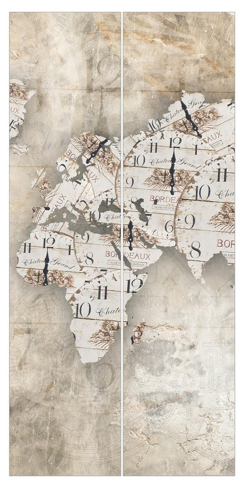 Bilderdepot24 Schiebegardine modern Flächenvorhang blickdicht Shabby Uhren Weltkarte (2 St), halbtransparent, Wohnzimmer große Flächengardine lichtdurchlässig für Klemm-System von Bilderdepot24