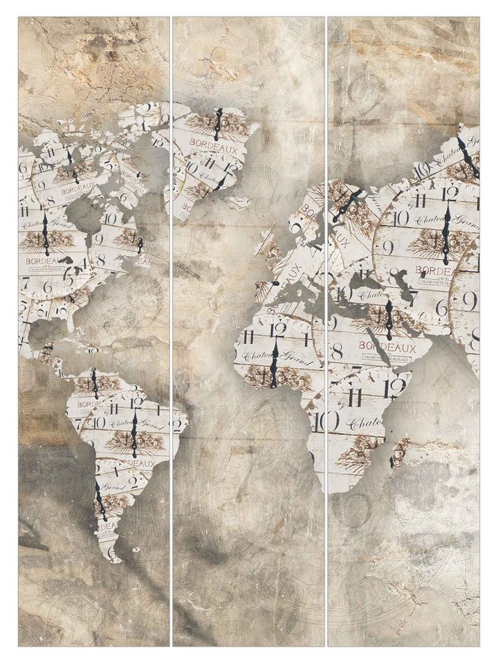 Bilderdepot24 Schiebegardine modern Flächenvorhang blickdicht Shabby Uhren Weltkarte, (3 St), halbtransparent, Wohnzimmer große Flächengardine lichtdurchlässig für Klemm-System von Bilderdepot24
