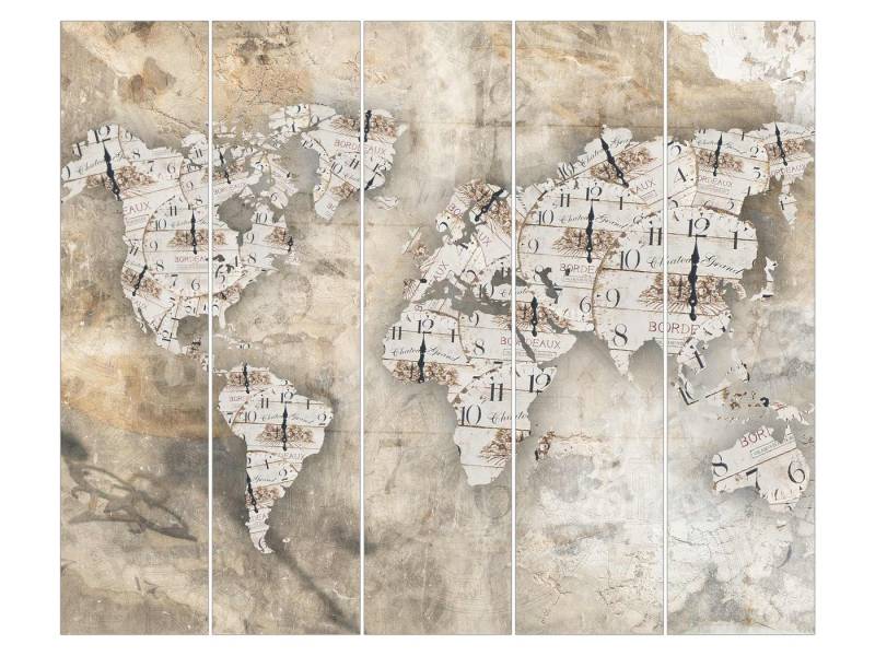 Bilderdepot24 Schiebegardine modern Flächenvorhang blickdicht Shabby Uhren Weltkarte, (5 St), halbtransparent, Wohnzimmer große Flächengardine lichtdurchlässig als Klemm-System von Bilderdepot24