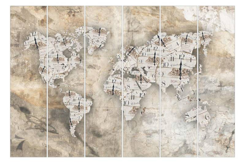 Bilderdepot24 Schiebegardine modern Flächenvorhang blickdicht Shabby Uhren Weltkarte (6 St), halbtransparent, Wohnzimmer große Flächengardine lichtdurchlässig für Klemm-System von Bilderdepot24