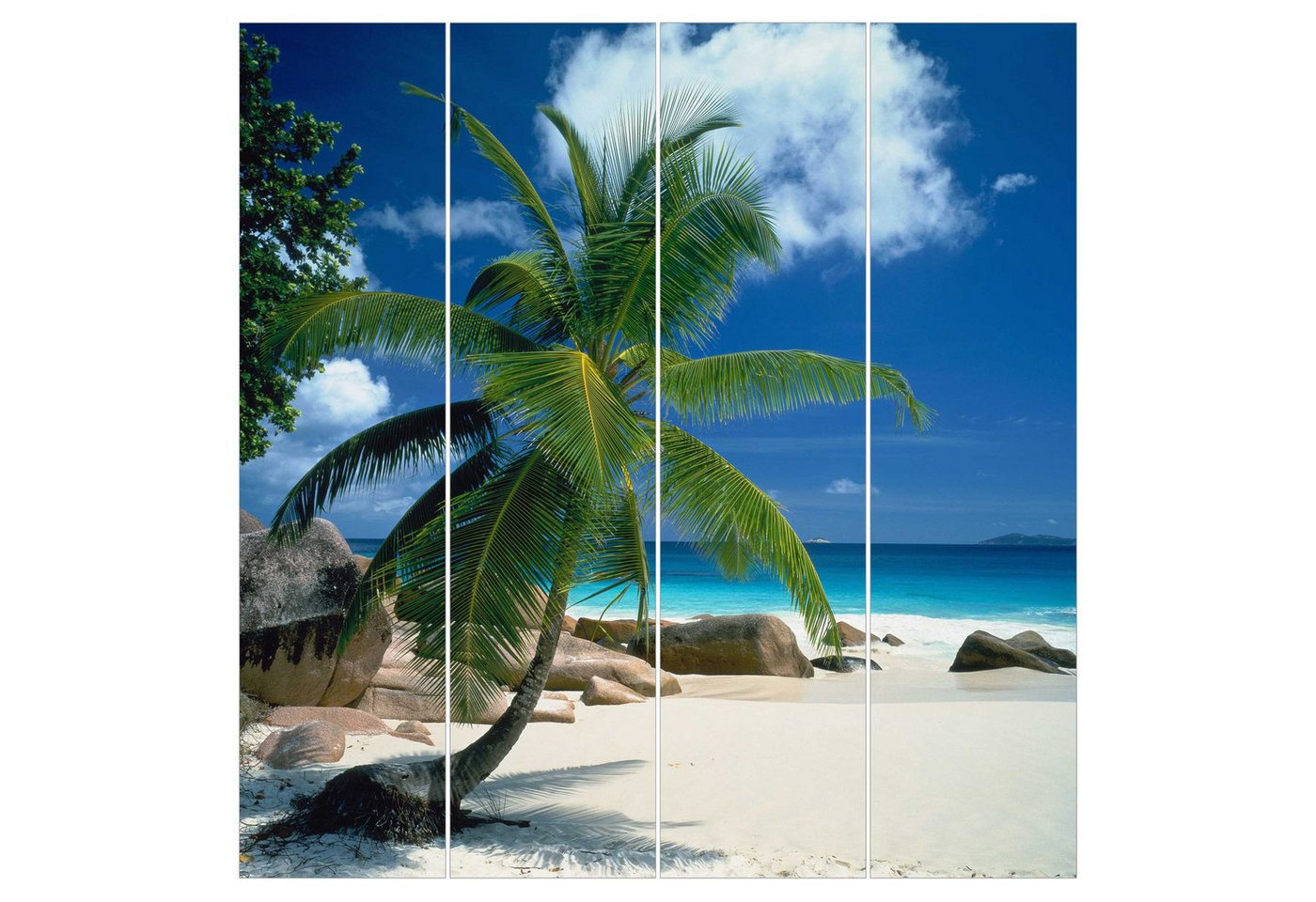 Bilderdepot24 Schiebegardine modern Flächenvorhang blickdicht Traumstrand, (4 St), halbtransparent, Wohnzimmer große Flächengardine lichtdurchlässig für Klemm-System von Bilderdepot24