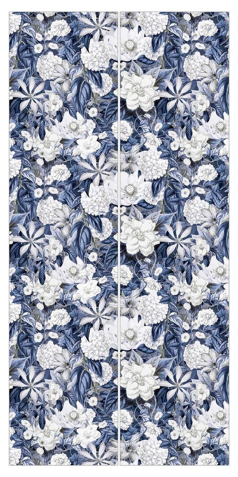Bilderdepot24 Schiebegardine modern Flächenvorhang blickdicht Weiße Blumen vor Blau, (2 St), halbtransparent, Wohnzimmer große Flächengardine lichtdurchlässig als Klemm-System von Bilderdepot24