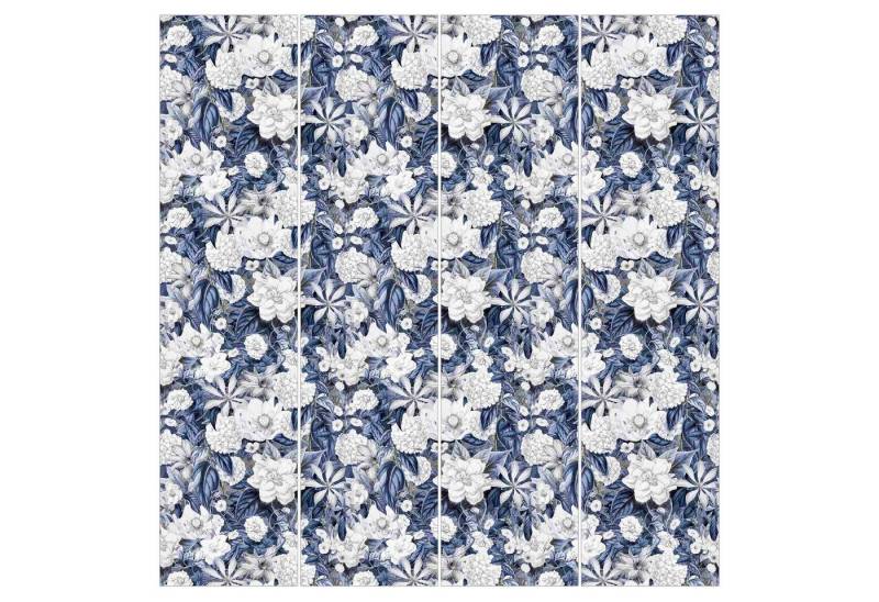 Bilderdepot24 Schiebegardine modern Flächenvorhang blickdicht Weiße Blumen vor Blau, (4 St), halbtransparent, Wohnzimmer große Flächengardine lichtdurchlässig als Klemm-System von Bilderdepot24