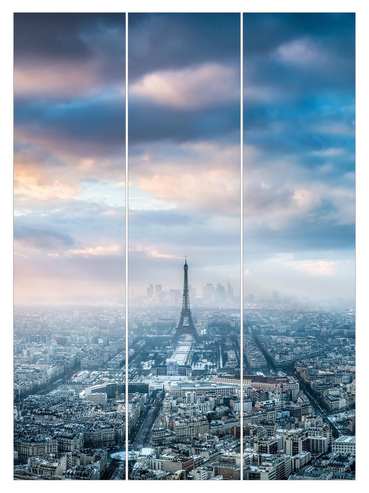 Bilderdepot24 Schiebegardine modern Flächenvorhang blickdicht Winter in Paris, (3 St), halbtransparent, Wohnzimmer große Flächengardine lichtdurchlässig als Klemm-System von Bilderdepot24