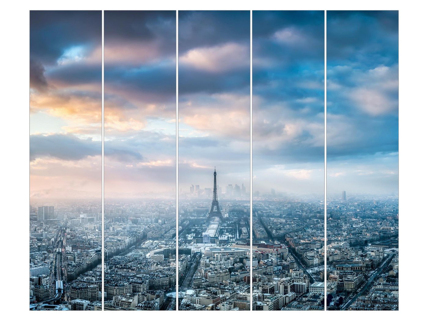 Bilderdepot24 Schiebegardine modern Flächenvorhang blickdicht Winter in Paris, (5 St), halbtransparent, Wohnzimmer große Flächengardine lichtdurchlässig für Klemm-System von Bilderdepot24