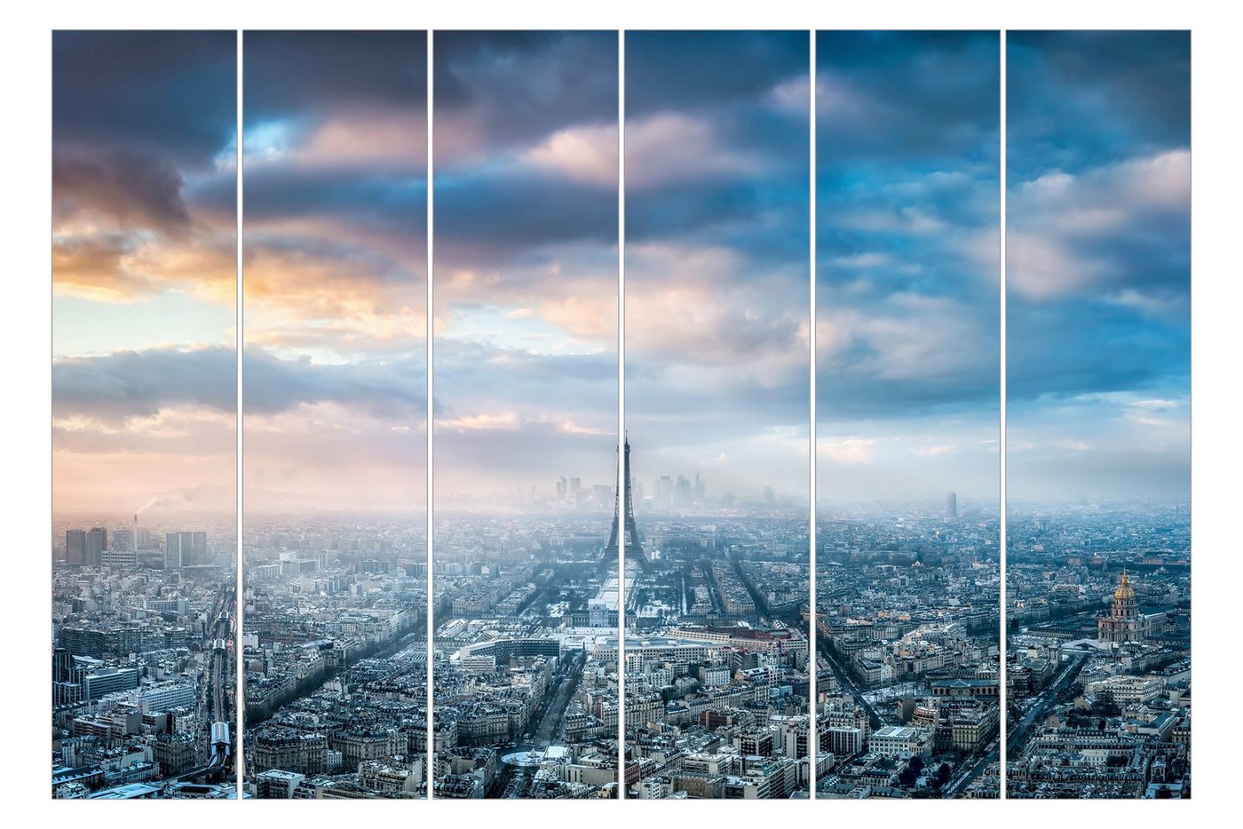 Bilderdepot24 Schiebegardine modern Flächenvorhang blickdicht Winter in Paris, (6 St), halbtransparent, Wohnzimmer große Flächengardine lichtdurchlässig als Klemm-System von Bilderdepot24