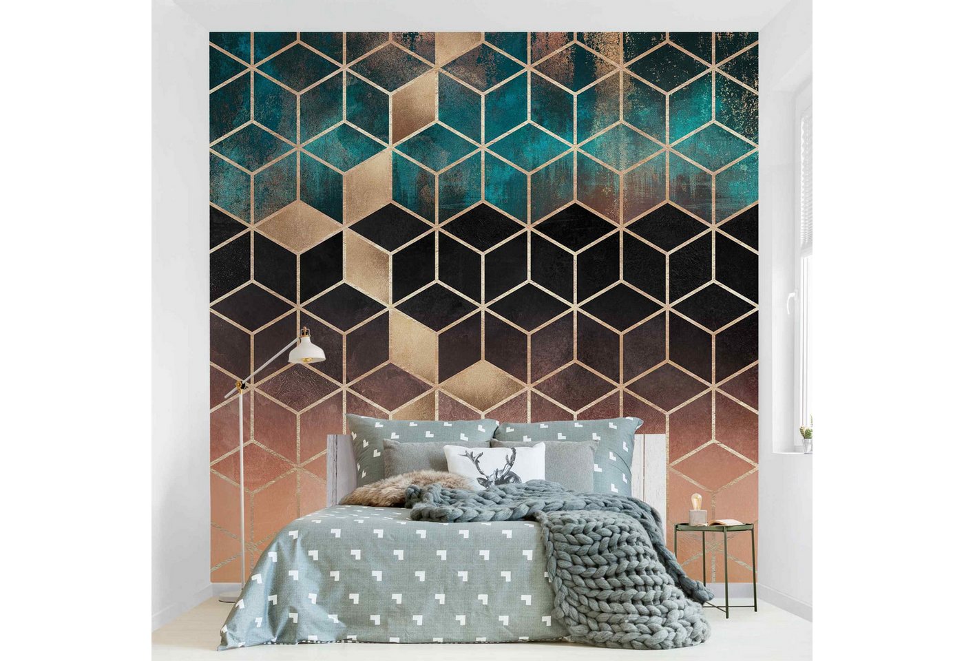 Bilderdepot24 Vliestapete Abstrakt Türkis Rosé goldene Geometrie Tapete Wanddeko Modern Kunst, Glatt, Matt, (Vliestapete inkl. Kleister oder selbstklebend), Wohnzimmer Schlafzimmer Küche Flur Fototapete Motivtapete Wandtapete von Bilderdepot24